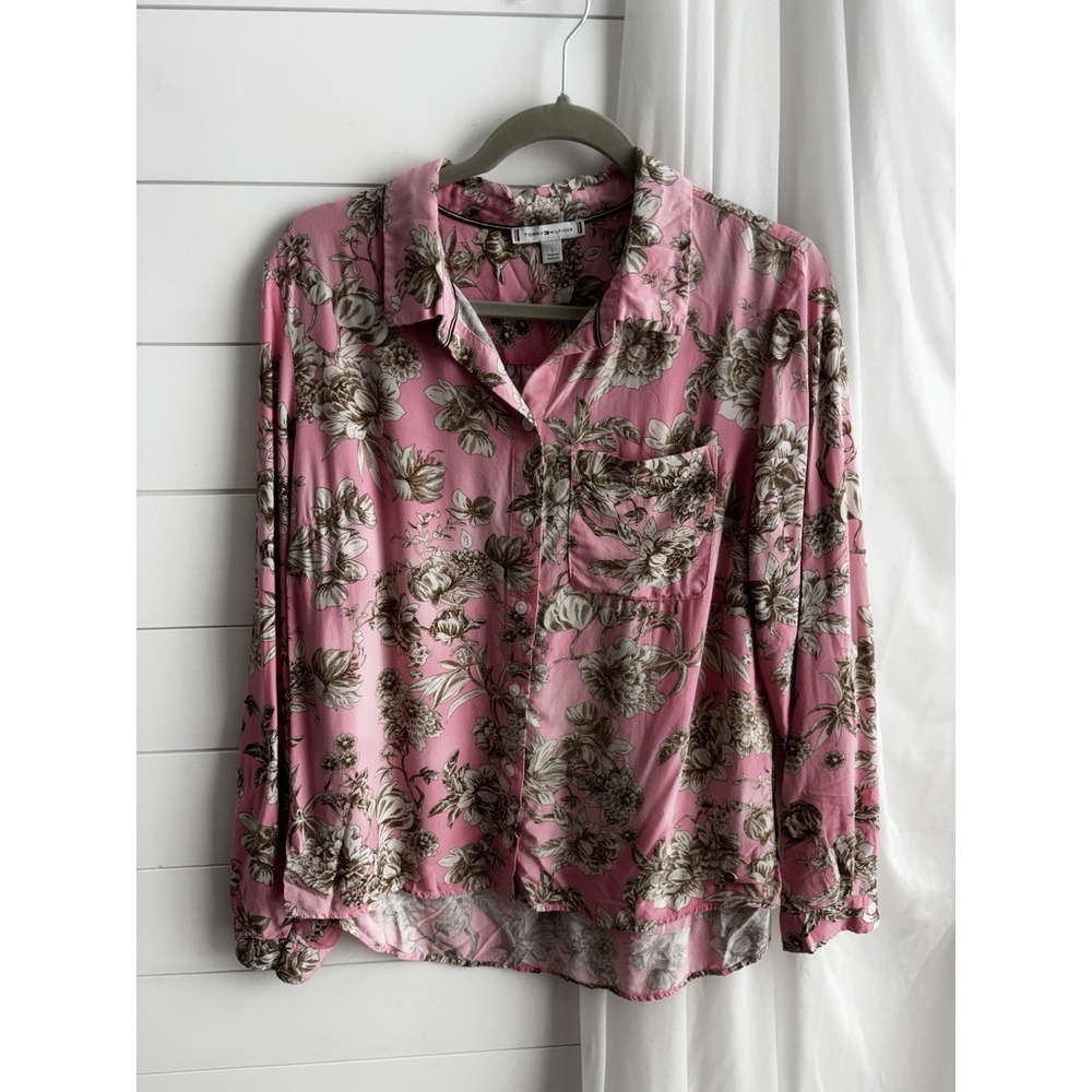 Tommy Hilfiger Floral Button-Up Shirt Pink Beige Long Sleeve Blouse Size L 0477‎